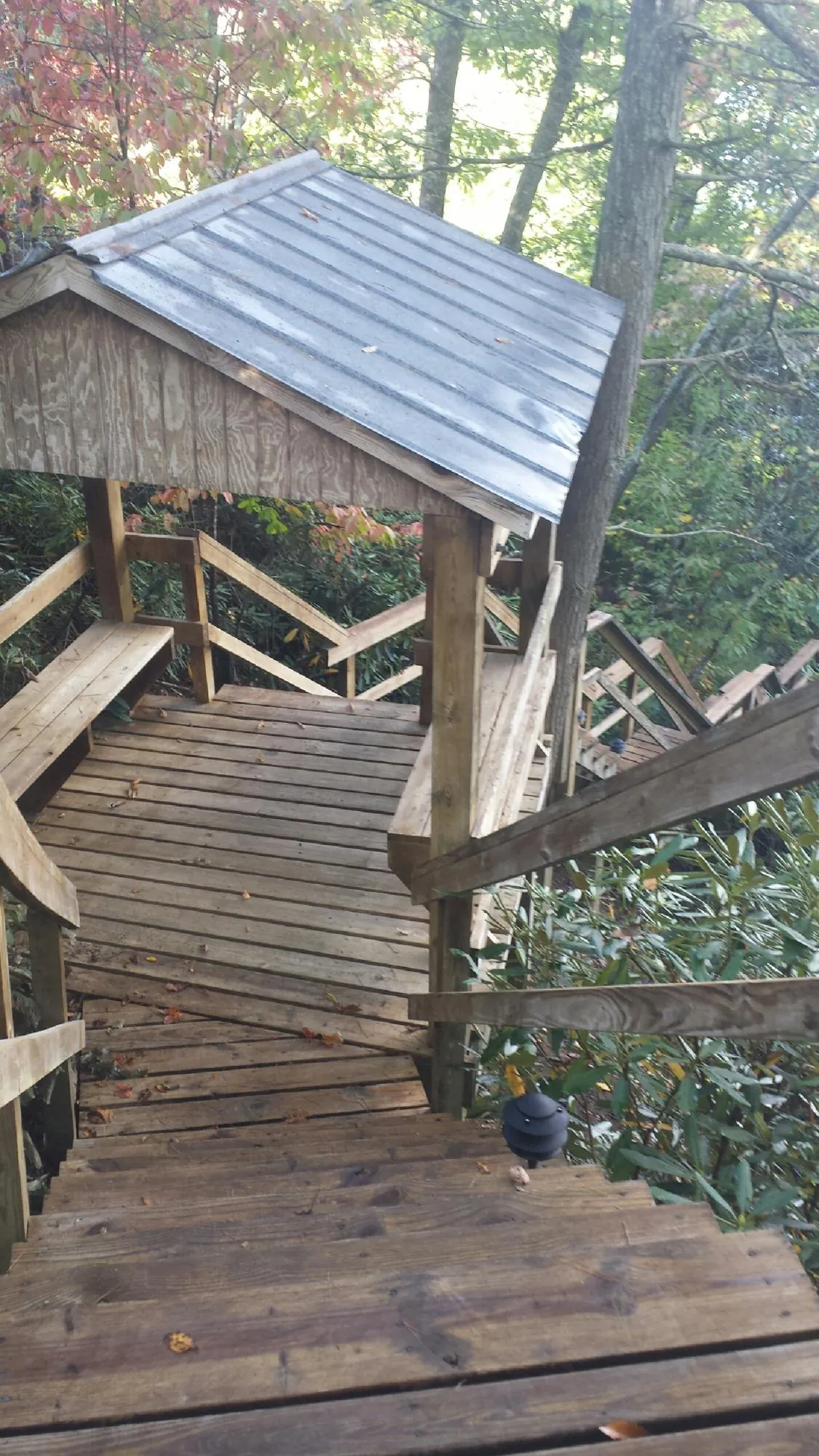 Metal roofed shelter over wooden steps on a wooded walkway — Skylight Repair & Installation work by our crew in Mosby